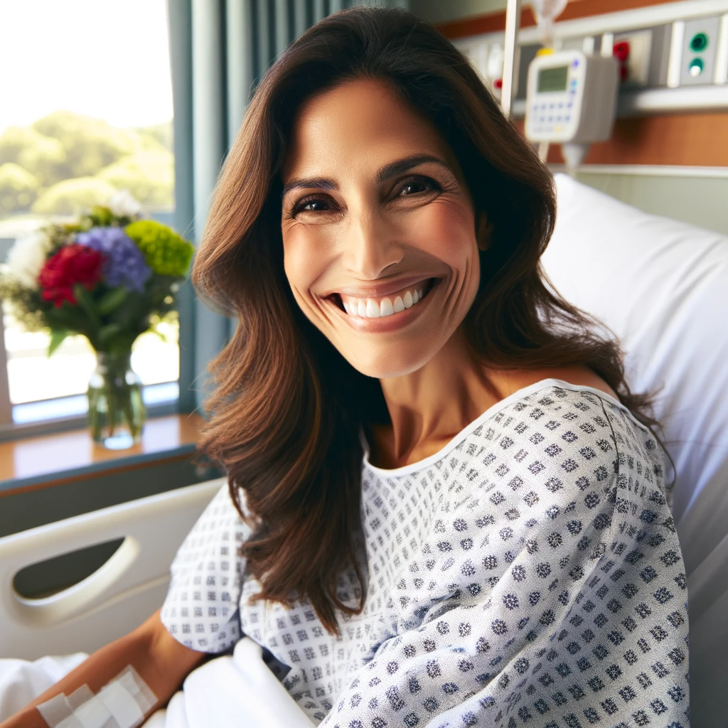 Mulher sorridente simbolizando bem-estar com o uso do port0cath